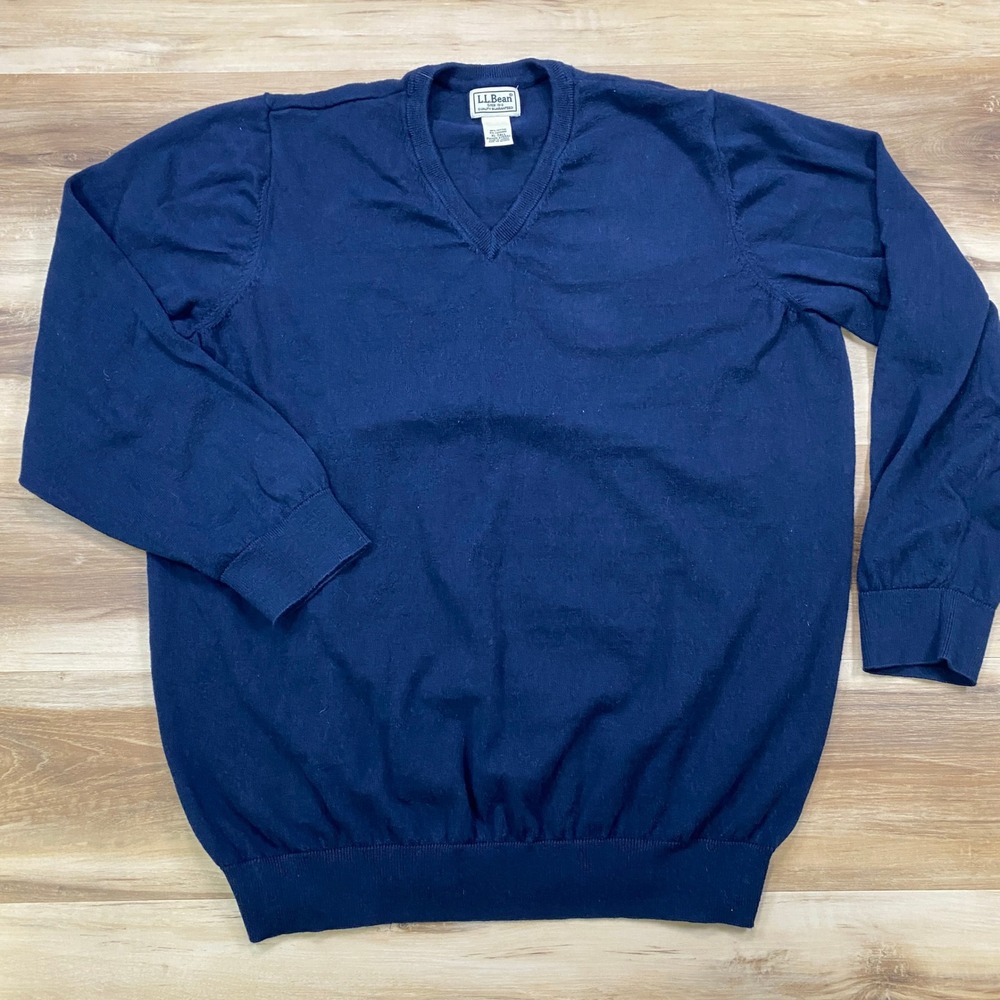 LL Bean V-Neck Sweater XL Tall Pullover Cotton Cashmere Navy Blue Classic
